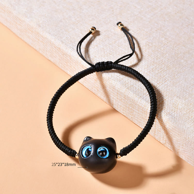 Wear FengShui Ebony Wood Cat Head Pattern Peace King Kong Knot Braided Bracelet