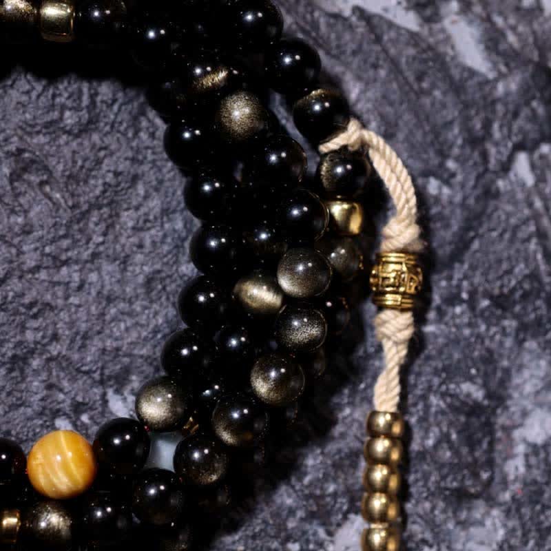 Wear FengShui 108 Mala Beads Gold Sheen Obsidian Tiger Eye Eagle's Eye Stone Wealth Bracelet