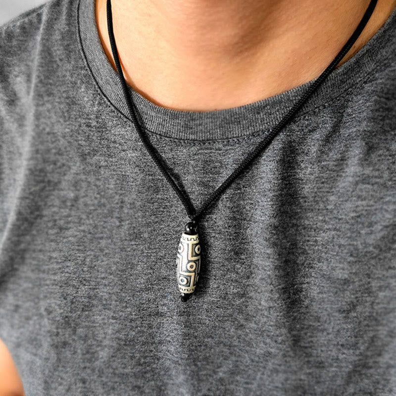Wear FengShui Tibet Nine-Eye Dzi Bead Pattern Copper Auspicious Clouds Wealth Necklace Pendant