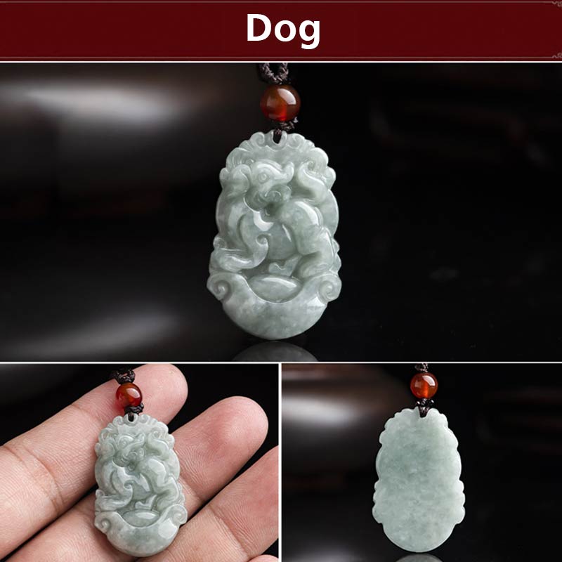 Wear FengShui Natural Jade 12 Chinese Zodiac Sucess Pendant Necklace