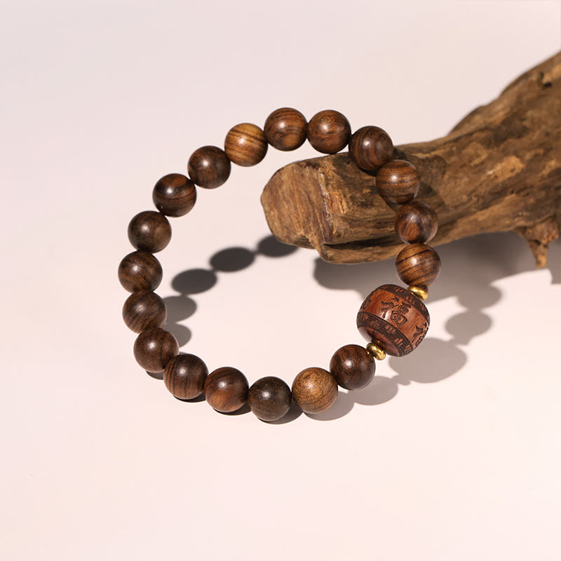 Wear FengShui Rosewood Auspicious Clouds Totem Fu Character Bamboo Pattern Warmth Bracelet