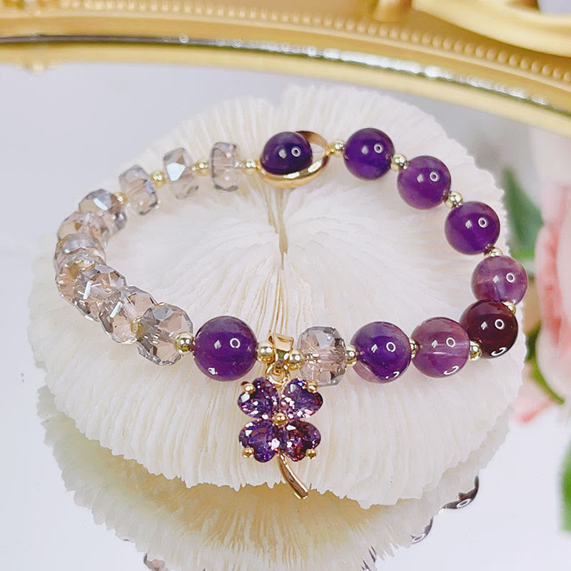 Wear FengShui Amethyst Crystal Four Leaf Clover Healing Charm Bracelet