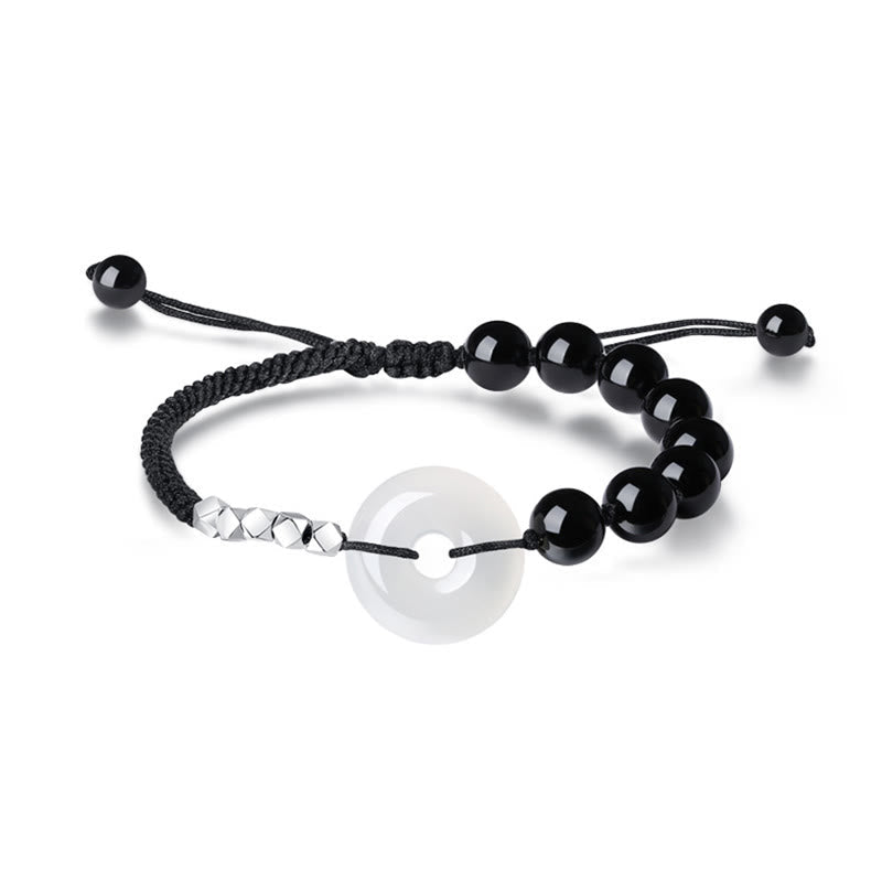 Wear FengShui 925 Sterling Silver Black Obsidian Agate Peace Buckle Strength Bracelet