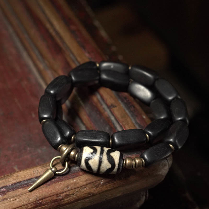 Wear FengShui Tibet Ebony Wood Dzi Bead Copper Balance Double Wrap Bracelet