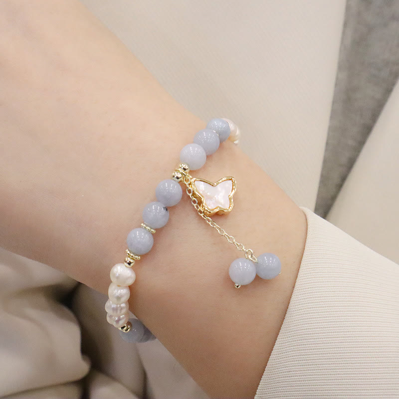 Wear FengShui Natural Aquamarine Pearl Healing Ginkgo Leaf Butterfly Charm Bracelet