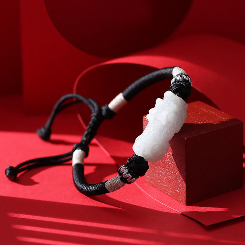 Wear FengShui Handmade Natural Jade PiXiu Luck Prosperity Braided String Bracelet