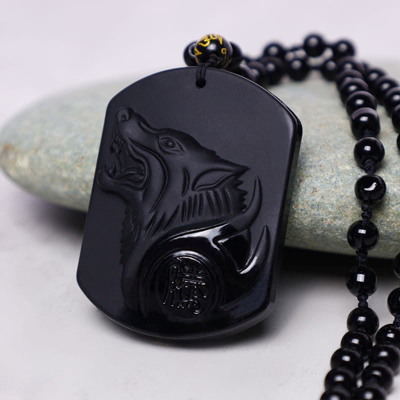 Wear FengShui Black Obsidian Stone Wolf Purification Pendant Necklace