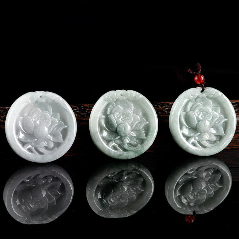 Wear FengShui Natural Jade Lotus Flower Carved Prosperity Necklace Pendant