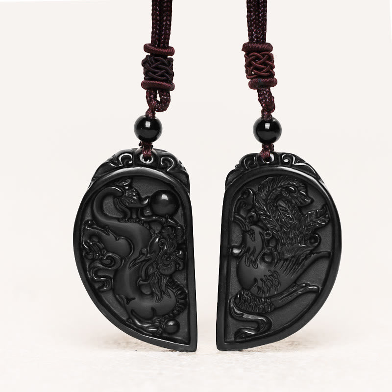 Wear FengShui Black Obsidian Love Dragon Phoenix Protection Necklace Pendant