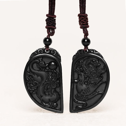 Wear FengShui Black Obsidian Love Dragon Phoenix Protection Necklace Pendant