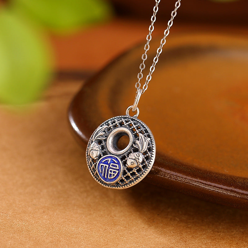 Wear FengShui 999 Sterling Silver Koi Fish Fu Character Lotus Peace Buckle Wealth Necklace Pendant