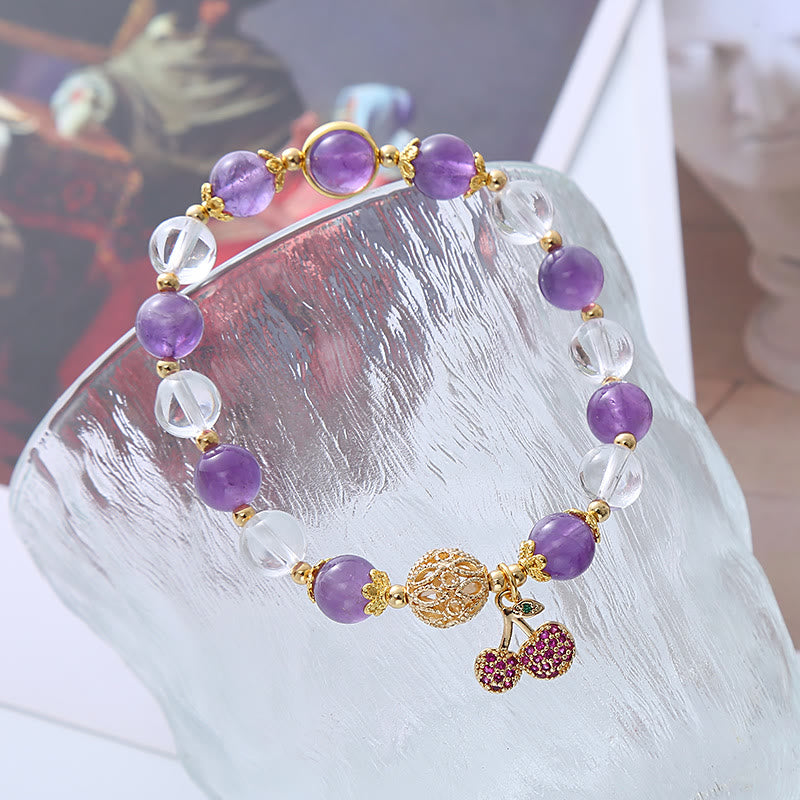 Wear FengShui Natural Amethyst White Crystal Positive Cherry Charm Bracelet