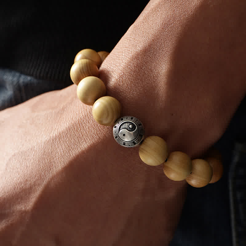 Wear FengShui Tibet Peach Wood Lotus Cinnabar Bagua Yin Yang Luck Wealth Bracelet