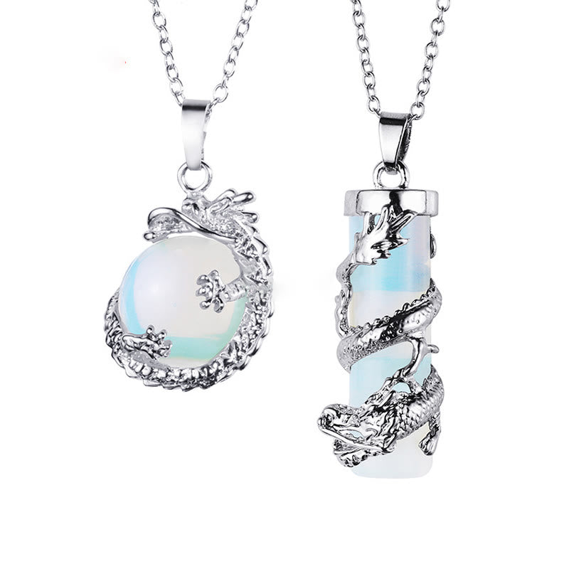 Wear FengShui 2pc Dragon Wrapped Round Ball Gemstone Couple Necklace Pendant