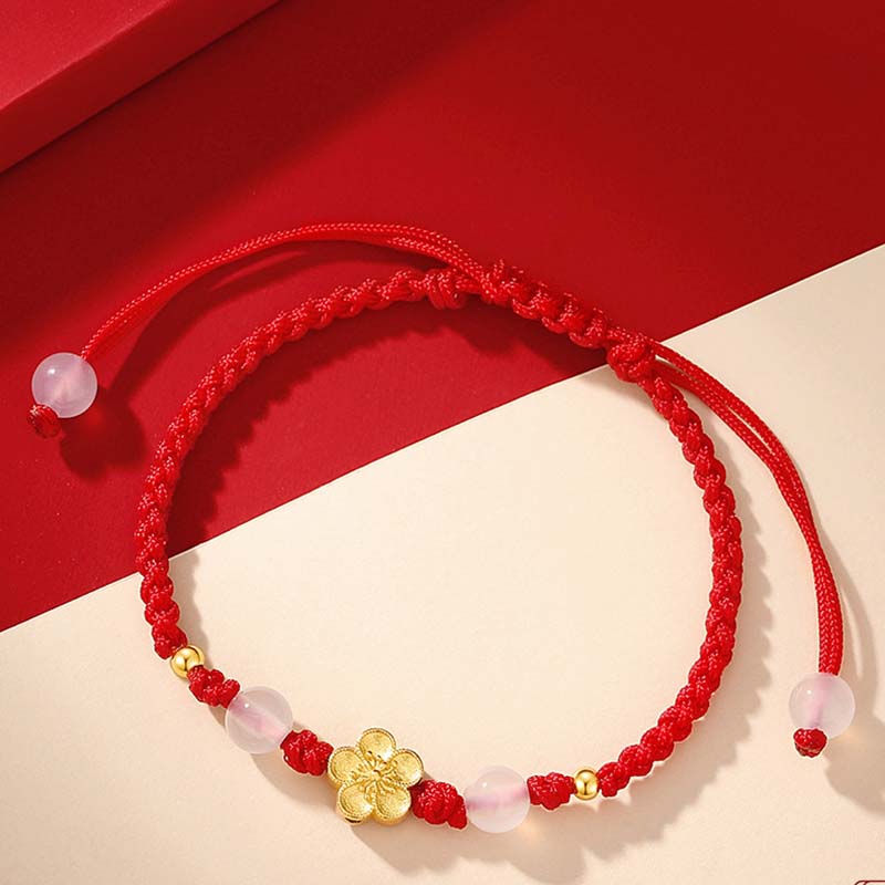 Wear FengShui Handmade 925 Sterling Silver Peach Blossom Cherry Sakura Chalcedony Bead Luck Red Rope Bracelet