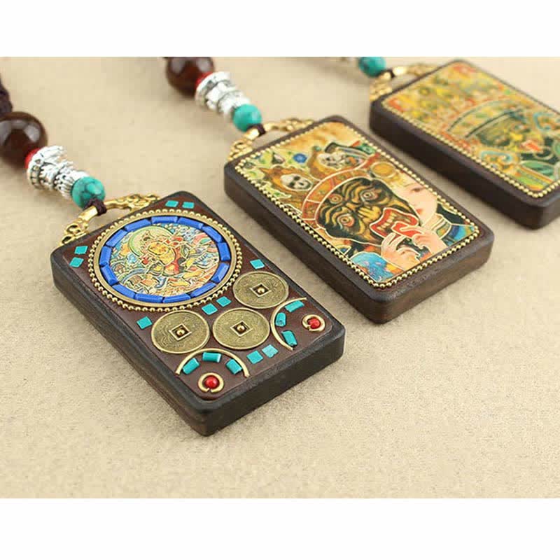 Wear FengShui Tibet God of Wealth Thangka Ebony Peace Necklace Pendant