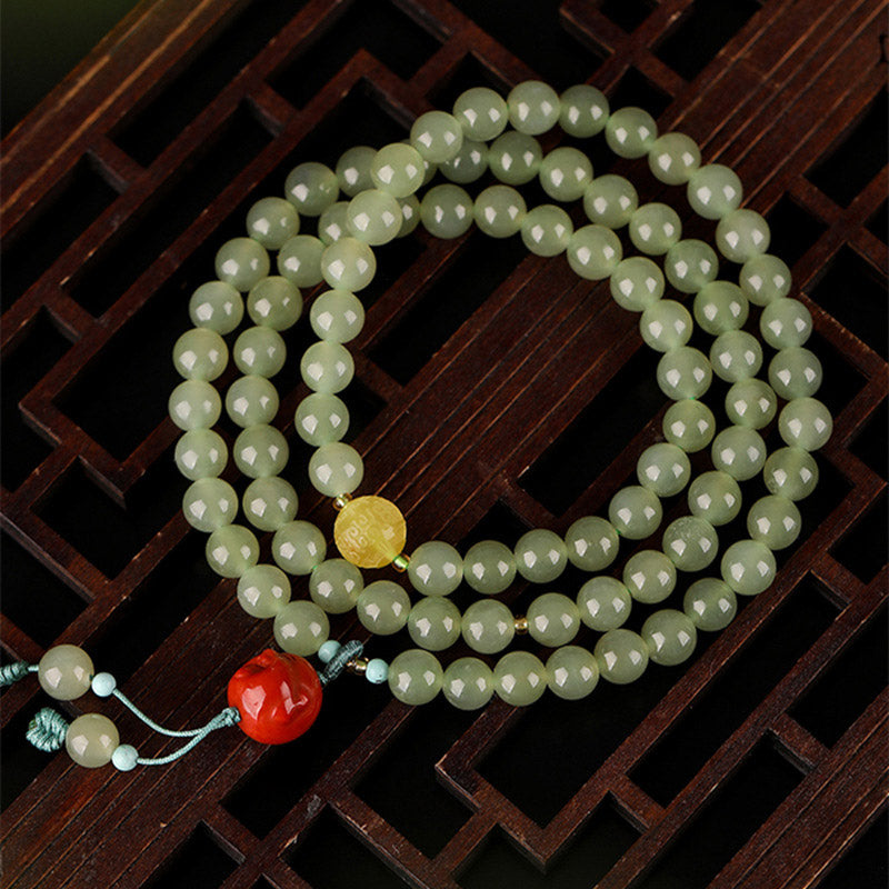 Wear FengShui Jade Red Agate Amber Laughing Buddha Prosperity Bracelet