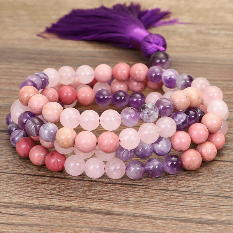 Wear FengShui 108 Mala Beads Amethyst Rose Quartz Spiritual Healing Tassel Bracelet