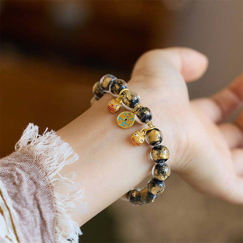 Wear FengShui Gold Swallowing Beast Copper Coin Good Luck Charm Liuli Glass Bead Fortune Bracelet