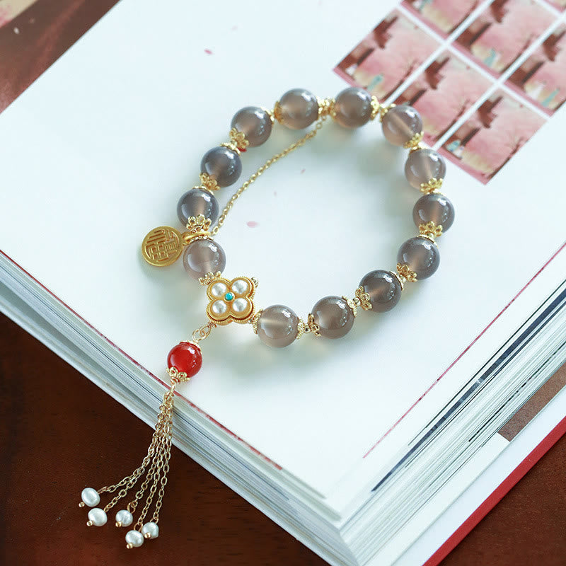 Wear FengShui Natural Gray Agate Fu Character Pearl Tassel Balance Bracelet