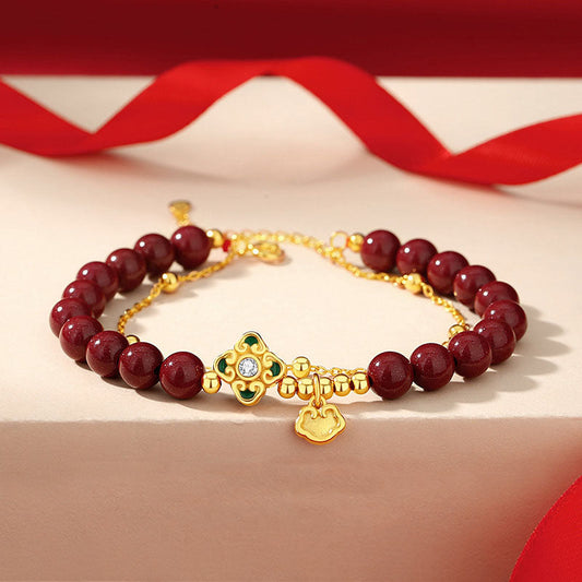 Wear FengShui 925 Sterling Silver Natural Cinnabar Four Leaf Clover Flower Blessing Chain Bracelet