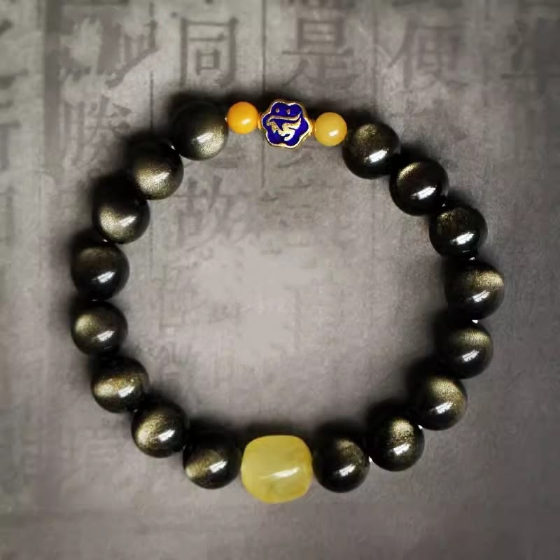 Wear FengShui 925 Sterling Silver Chinese Zodiac Natal Buddha Natural Gold Sheen Obsidian Amber Wealth Protection Bracelet
