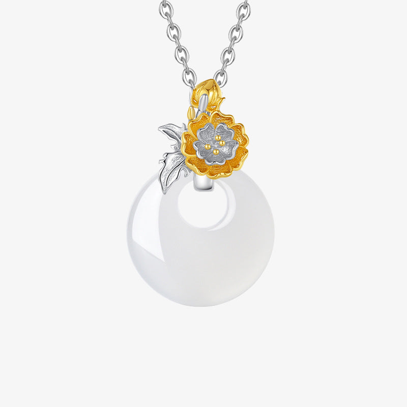 Wear FengShui 925 Sterling Silver Round Chalcedony Twelve Months Flower Harmony Necklace Pendant