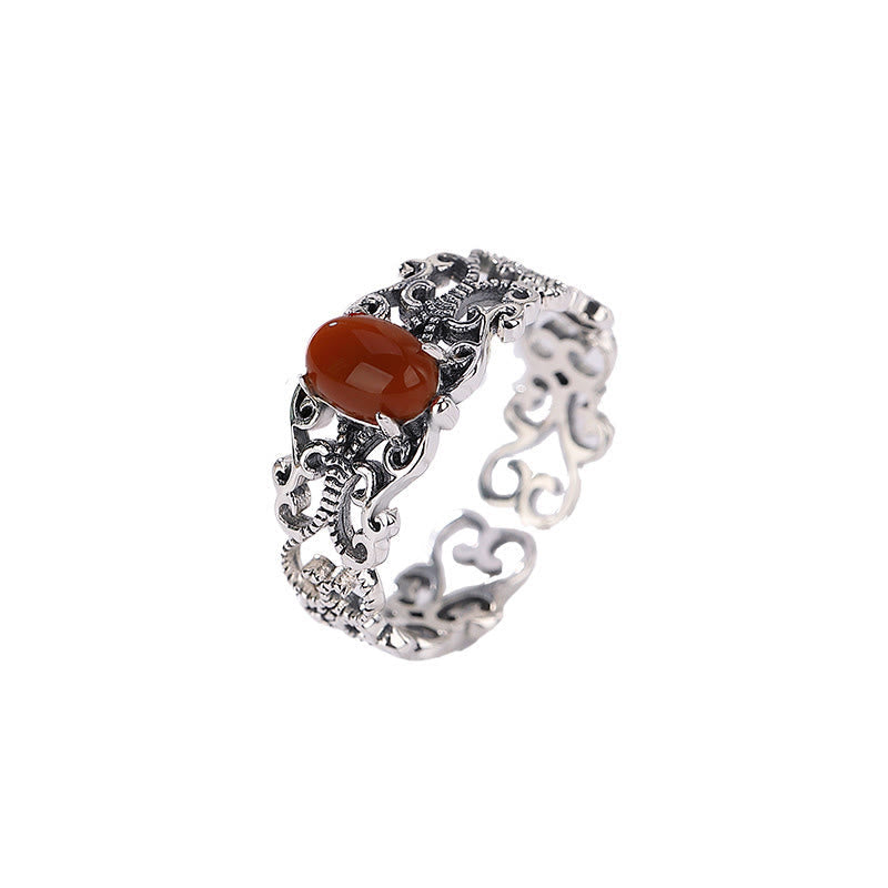 Wear FengShui 925 Sterling Silver Vintage Red Agate Self-acceptance Calm Ring