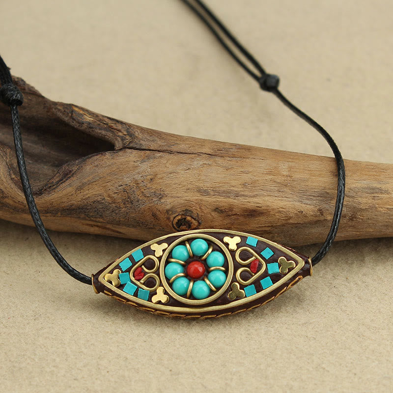 Wear FengShui Tibet Turquoise Bead Marquise Pattern Protection Strength Necklace Pendant