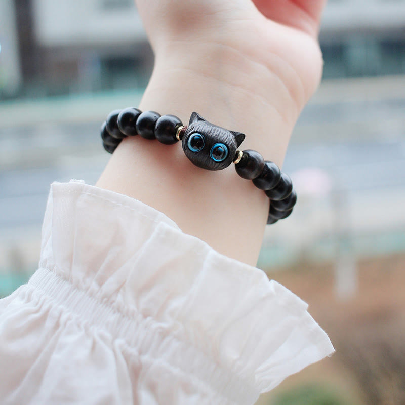 Wear FengShui Ebony Wood Green Sandalwood Cute Cat Peace Bracelet