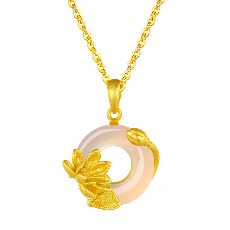 Wear FengShui Natural White Chalcedony Peace Buckle Lotus Pendant S925 Sterling Silver Necklace