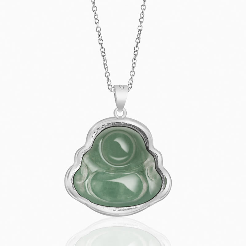 Wear FengShui Laughing Buddha Natural Jade Luck Prosperity Necklace Titanium Steel Chain Pendant