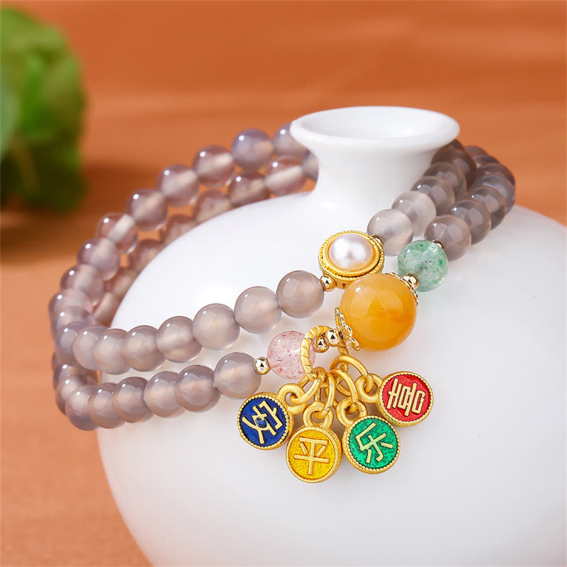 Wear FengShui Natural Gray Agate Peace And Joy Charm Balance Double Wrap Bracelet