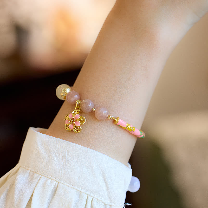 Wear FengShui Natural Sun Stone Golden Silk Jade Flower Charm Wealth Bracelet Bangle