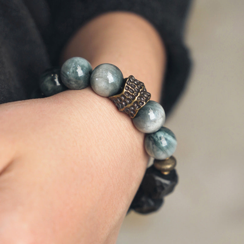 Wear FengShui Eagle's Eye Stone Ebony Wood Copper Confidence Couple Bracelet