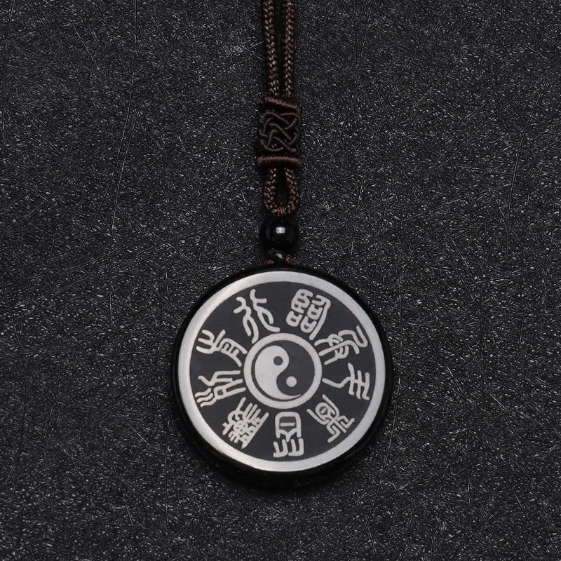Wear FengShui Black Obsidian Taoism Five Sacred Mountains Nine-Character Mantra Carved Purification Yin Yang Necklace Pendant