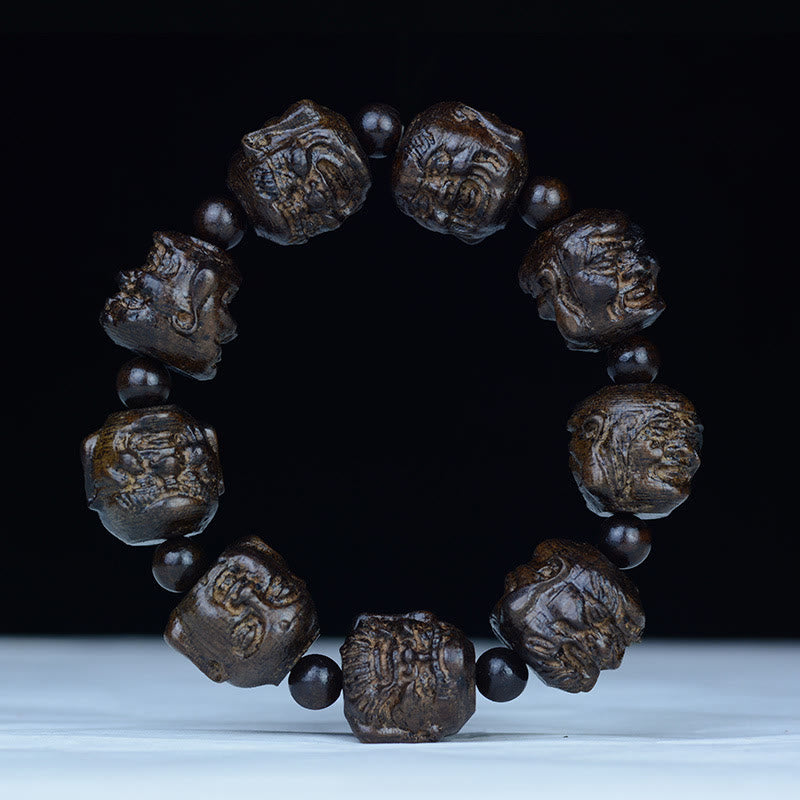 Wear FengShui Ebony Wood Eighteen Arhats Lotus Dragon Engraved Balance Bracelet