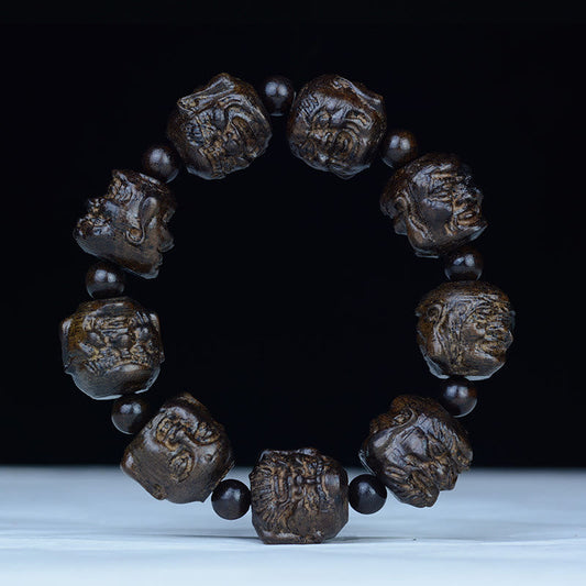 Wear FengShui Ebony Wood Eighteen Arhats Lotus Dragon Engraved Balance Bracelet