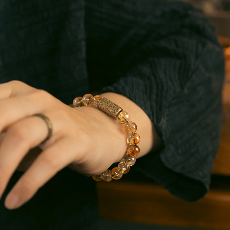 Wear FengShui Natural Citrine Crystal Brass Bead Protection Bracelet