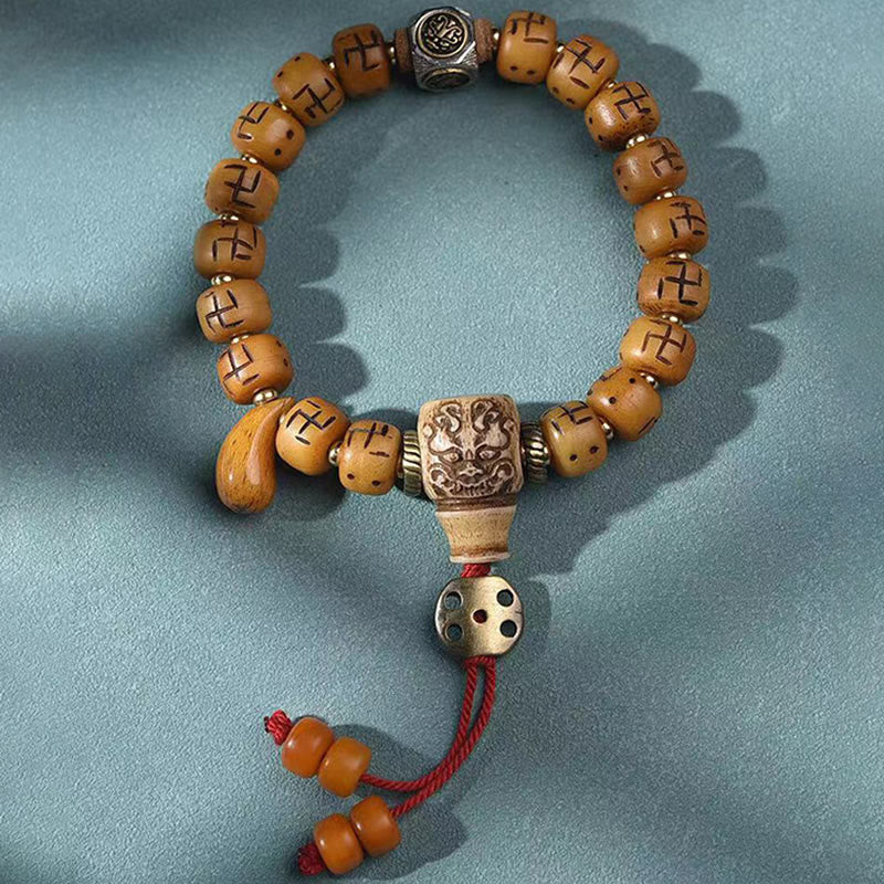 Wear FengShui Natural Tibetan Camel Bone Swastika Dzi Bead Shankha Buddha Charm Kirtimukha Luck Protection Tassel Bracelet