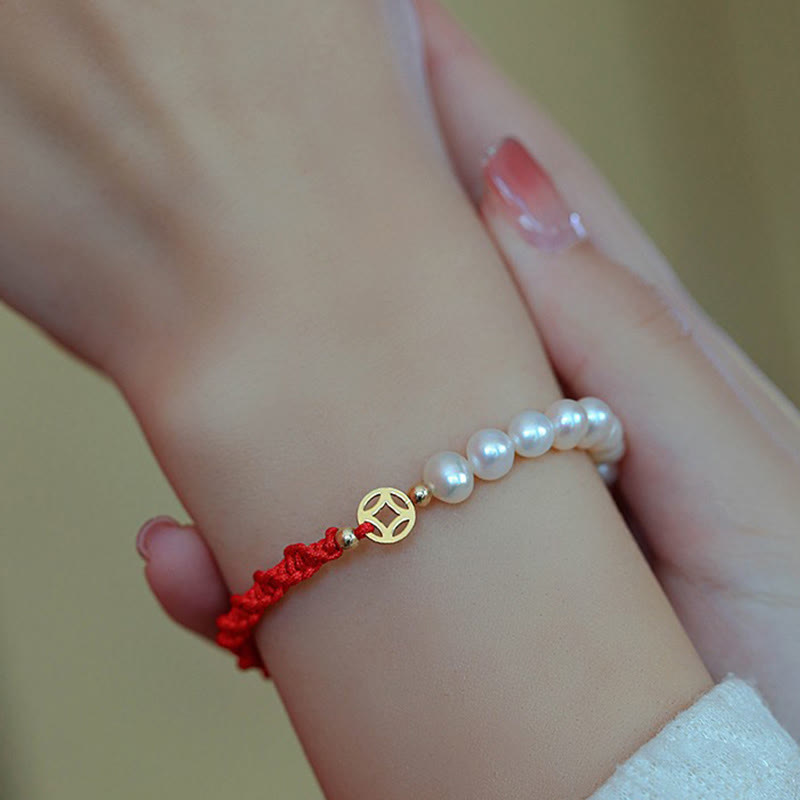 Wear FengShui 14K Gold Plated Pearl Bead Luck Protection Braid Red String Bracelet