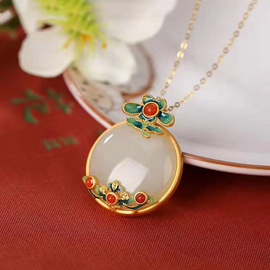 Wear FengShui White Jade Red Agate Flower Blessing Luck Necklace Pendant