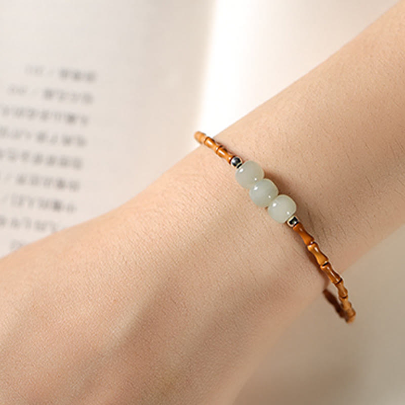 Wear FengShui Natural Olive Pit Bamboo Pattern Hetian Jade Beads Luck Bracelet