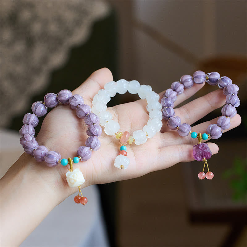 Wear FengShui Liuli Glass Bead Lotus Design Fluorite Ivory Fruit Dancing Lion Charm Enlightenment Bracelet