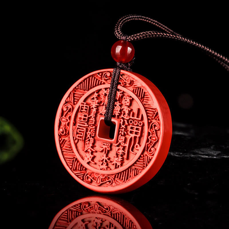 Wear FengShui Natural Cinnabar Mountain Ghosts Spend Money Bagua Design Blessing Necklace Pendant