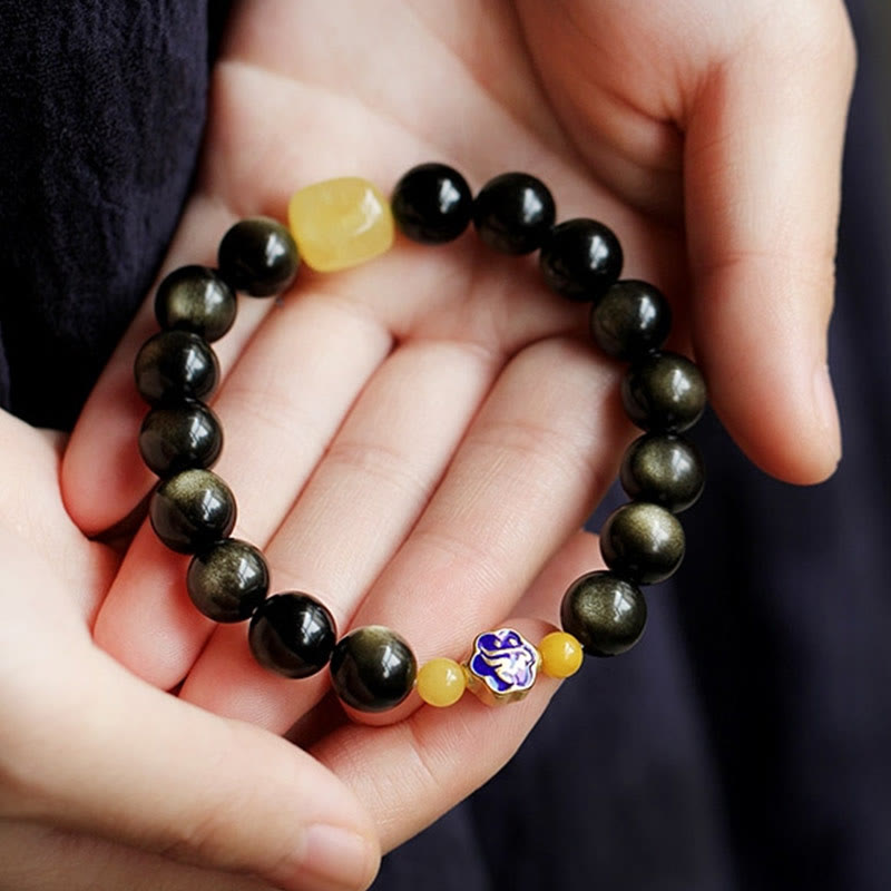 Wear FengShui 925 Sterling Silver Chinese Zodiac Natal Buddha Natural Gold Sheen Obsidian Amber Wealth Protection Bracelet