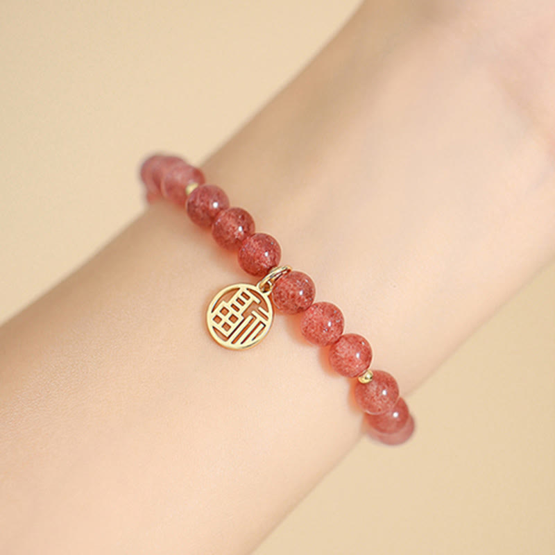 Wear FengShui 14K Gold Plated Strawberry Quartz Fu Character Healing Charm Bracelet