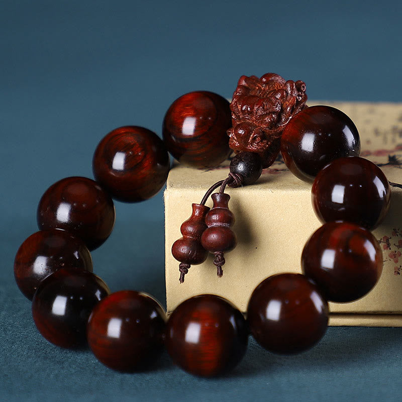 Wear FengShui Rosewood Green Sandalwood Small Leaf Red Sandalwood Dragon Carved Protection Bracelet