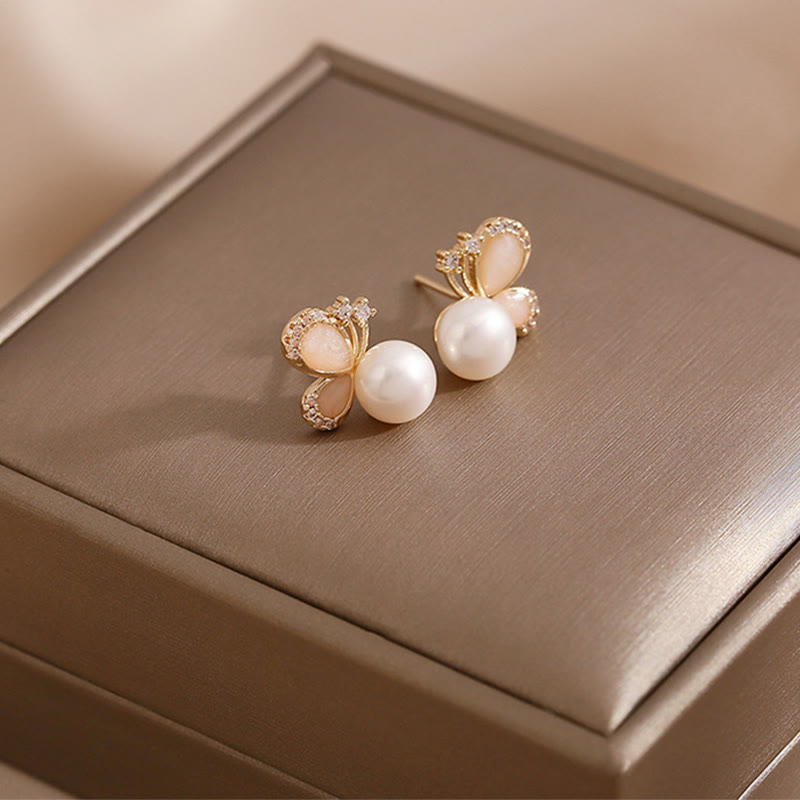 Wear FengShui 18k Gold Plated Pearl Butterfly Love Freedom Stud Earrings