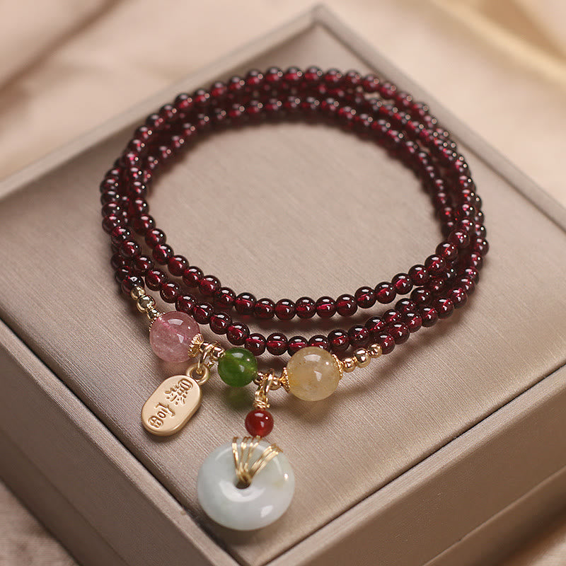 Wear FengShui Natural Garnet Strawberry Quartz Crystal Fox Koi Fish Peace Buckle Fortune Protection Triple Wrap Bracelet